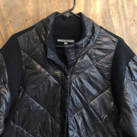 Elliott Lauren Womens Jacket Black Quilted Mock Neck Nylon Buttons Silk Blend XL - Picture 2 of 13